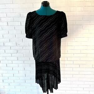 Vintage 70s volup drop waist metallic silver and black dress